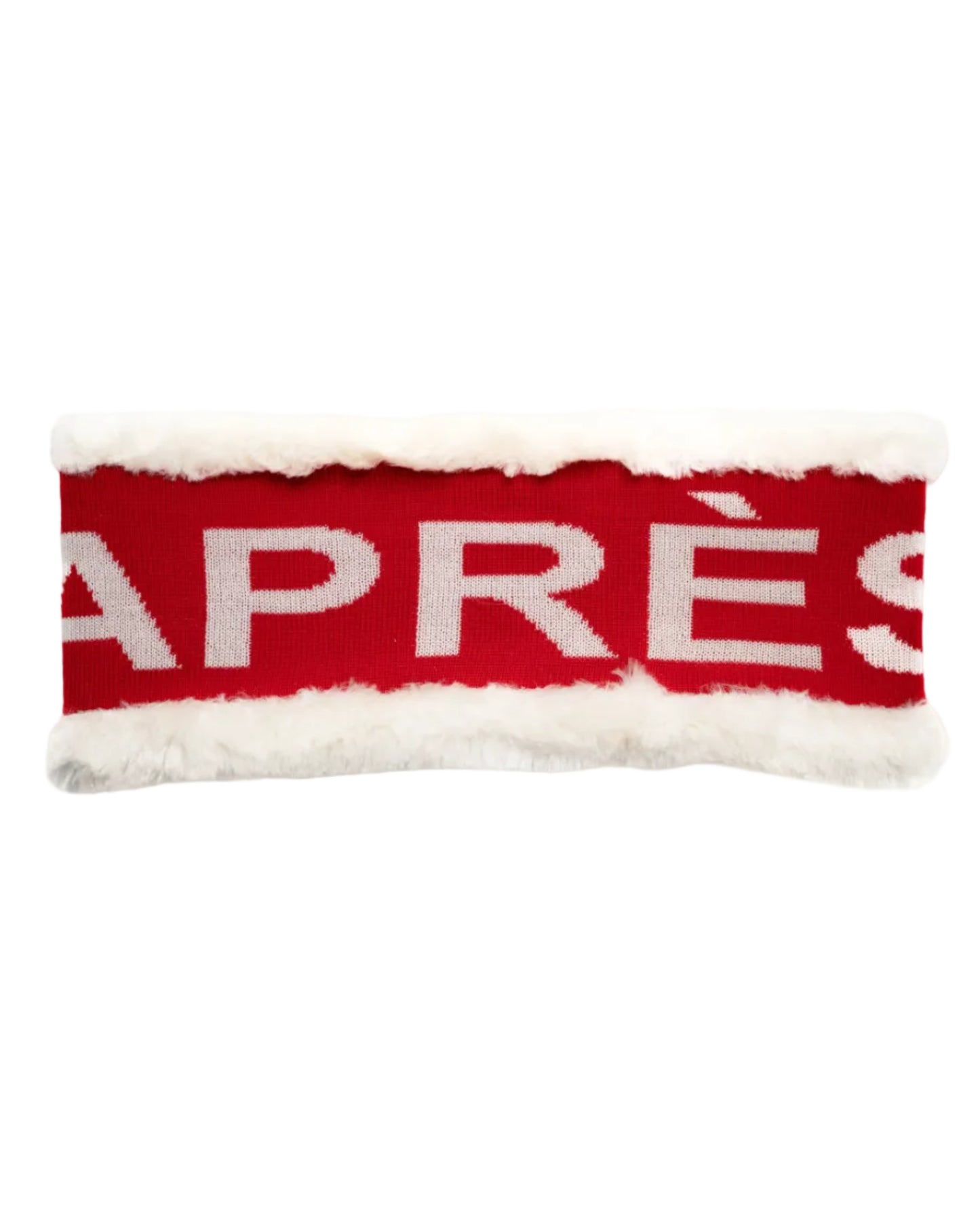 A red and white headband with the text 'APRÈS' knitted on the front, designed with a ski-inspired logo.