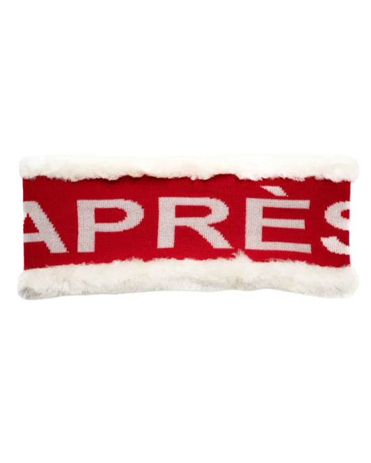 A red and white headband with the text 'APRÈS' knitted on the front, designed with a ski-inspired logo.