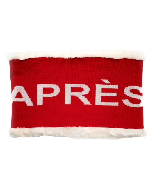 A red snood headband with 'APRÈS' written in white letters on the front, designed for warmth and style after skiing.